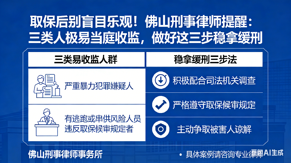 取保后别盲目乐观！佛山刑事律师提醒：三类人极易当庭收监，做好这三步稳拿缓刑
